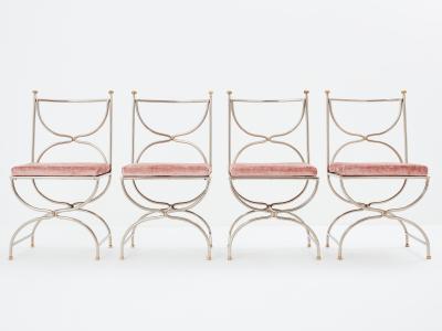 Maison Jansen Maison Jansen 12 curule chairs steel brass pink velvet 1960s