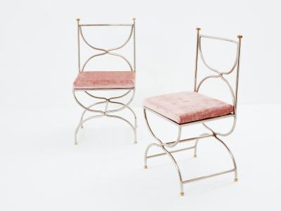 Maison Jansen Maison Jansen 12 curule chairs steel brass pink velvet 1960s