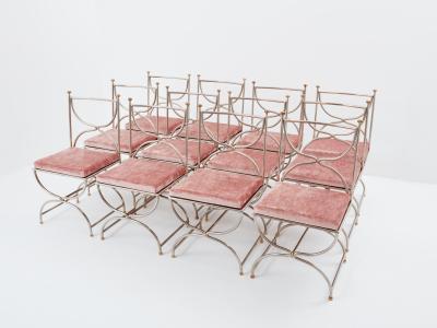 Maison Jansen Maison Jansen 12 curule chairs steel brass pink velvet 1960s