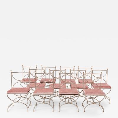 Maison Jansen Maison Jansen 12 curule chairs steel brass pink velvet 1960s