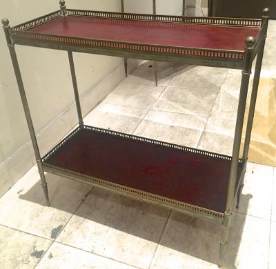 Maison Jansen Maison Jansen 1940s Pair of Two Tier Side Table with Red Leather Patinated Top