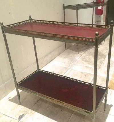 Maison Jansen Maison Jansen 1940s Pair of Two Tier Side Table with Red Leather Patinated Top
