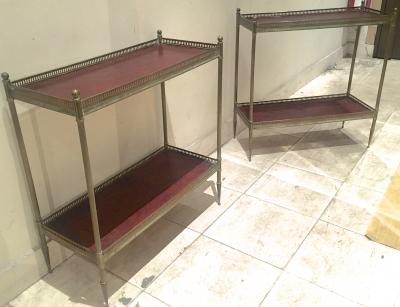 Maison Jansen Maison Jansen 1940s Pair of Two Tier Side Table with Red Leather Patinated Top