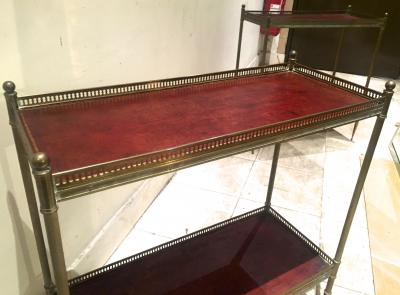 Maison Jansen Maison Jansen 1940s Pair of Two Tier Side Table with Red Leather Patinated Top
