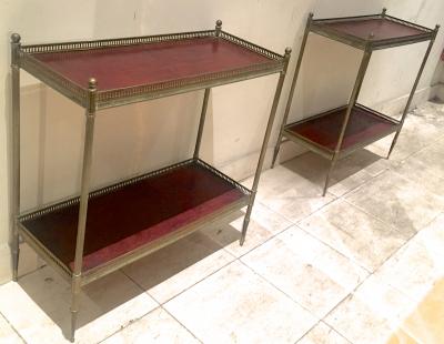 Maison Jansen Maison Jansen 1940s Pair of Two Tier Side Table with Red Leather Patinated Top