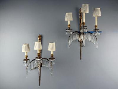 Maison Jansen Maison Jansen Feather Form Wall Sconces Crystal Bronze France 1940s