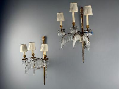 Maison Jansen Maison Jansen Feather Form Wall Sconces Crystal Bronze France 1940s