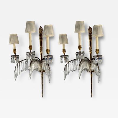 Maison Jansen Maison Jansen Feather Form Wall Sconces Crystal Bronze France 1940s