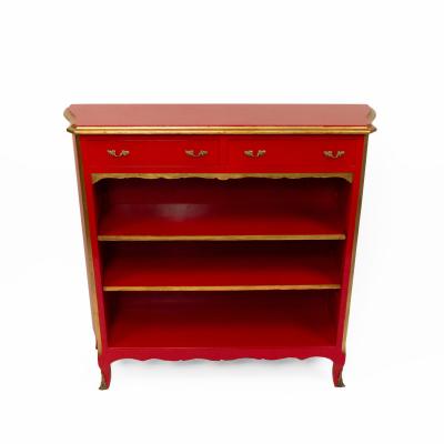 Maison Jansen Maison Jansen French Louis XV Style Red Lacquered Gilt Trimmed Bookcase