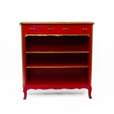 Maison Jansen Maison Jansen French Louis XV Style Red Lacquered Gilt Trimmed Bookcase