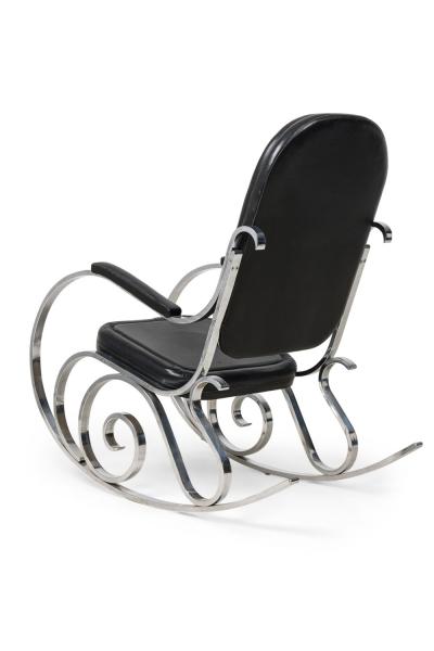 Maison Jansen Maison Jansen French Polished Nickel and Black Leather Rocking Armchair