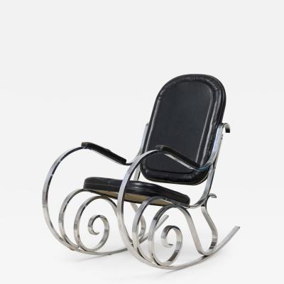 Maison Jansen Maison Jansen French Polished Nickel and Black Leather Rocking Armchair