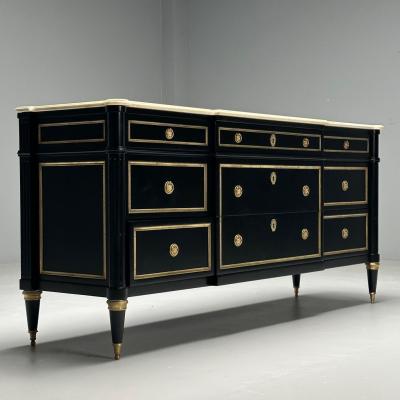 Maison Jansen Maison Jansen Hollywood Regency Large Commode Black Wood Marble 1940s