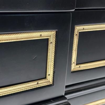 Maison Jansen Maison Jansen Hollywood Regency Large Commode Black Wood Marble 1940s