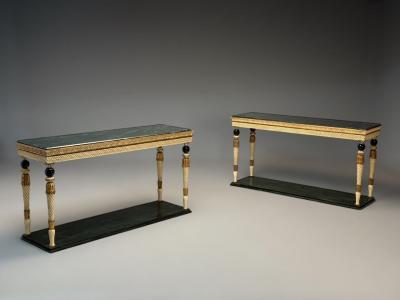 Maison Jansen Maison Jansen Neoclassical Style Console Tables Carved Wood Green Marble