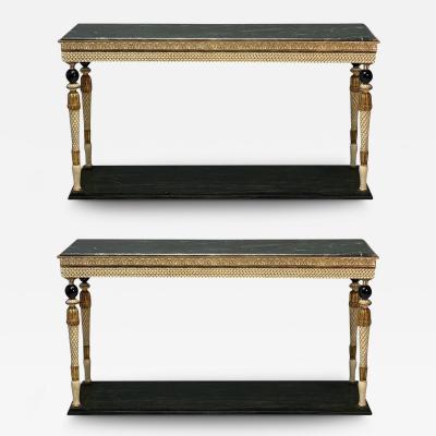 Maison Jansen Maison Jansen Neoclassical Style Console Tables Carved Wood Green Marble