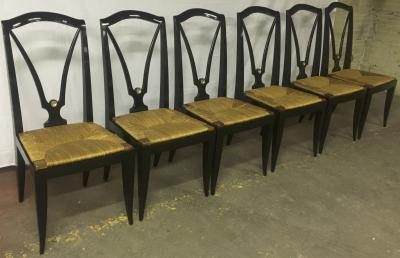 Maison Jansen Maison Jansen Refined Set of 6 Black Dining Chairs with Rush Seat