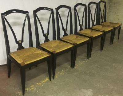 Maison Jansen Maison Jansen Refined Set of 6 Black Dining Chairs with Rush Seat