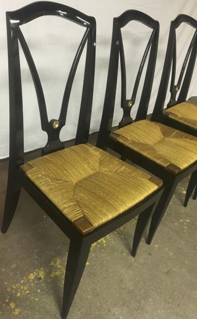 Maison Jansen Maison Jansen Refined Set of 6 Black Dining Chairs with Rush Seat