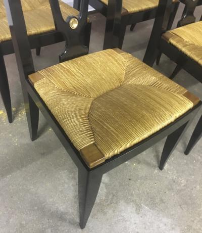 Maison Jansen Maison Jansen Refined Set of 6 Black Dining Chairs with Rush Seat