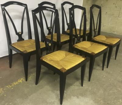 Maison Jansen Maison Jansen Refined Set of 6 Black Dining Chairs with Rush Seat