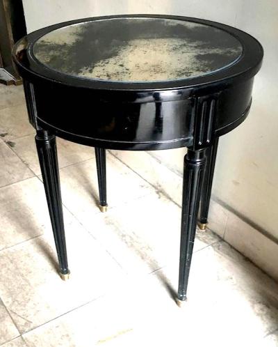 Maison Jansen Maison Jansen Signed Pair of Side Blackened Wood Tables with Oxidized Mirror Top