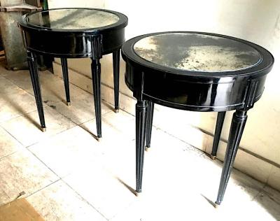 Maison Jansen Maison Jansen Signed Pair of Side Blackened Wood Tables with Oxidized Mirror Top