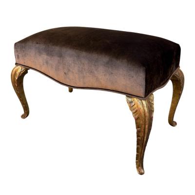 Maison Jansen Maison Jansen Style Giltwood Palm Leaf Bench Silk Velvet
