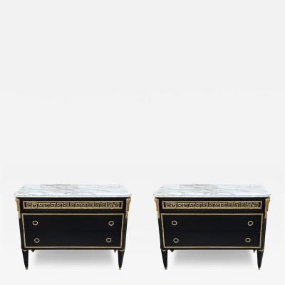 Maison Jansen Maison Jansen Style Hollywood Regency Black Commodes Greek Key Marble Bronze