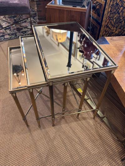 Maison Jansen Maison Jansen Style Italian Brass Nesting Tables Mirrored Glass Directoire 