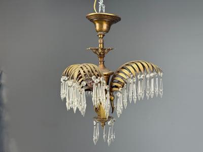 Maison Jansen Maison Jansen Style Palm Leaf Chandelier Gilt Bronze Crystal France 1940s