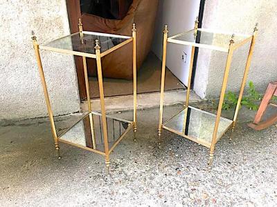 Maison Jansen Maison Jansen Two Tiers Neoclassic Side Tables with Eglomis Mirror Shelves