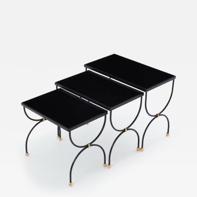Maison Jansen Maison Jansen black brass opaline glass nesting tables 1960s