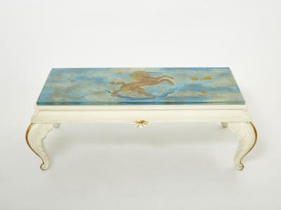 Maison Jansen Maison Jansen gilded wood painted glass top coffee table 1950