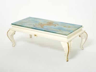 Maison Jansen Maison Jansen gilded wood painted glass top coffee table 1950