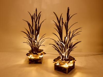 Maison Jansen Maison Jansen pair of brass reeds water lilies floor lamps 1970s