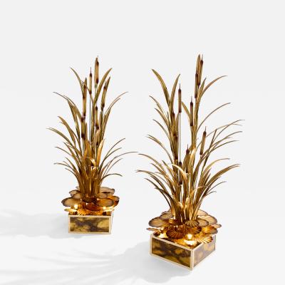 Maison Jansen Maison Jansen pair of brass reeds water lilies floor lamps 1970s
