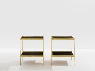 Maison Jansen Maison Jansen pair of two tier side tables brass black leather 1960s