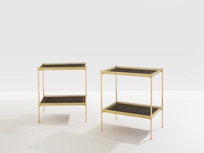 Maison Jansen Maison Jansen pair of two tier side tables brass black leather 1960s