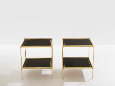 Maison Jansen Maison Jansen pair of two tier side tables brass black leather 1960s