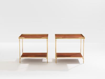 Maison Jansen Maison Jansen pair of two tier side tables brass brown leather 1960s