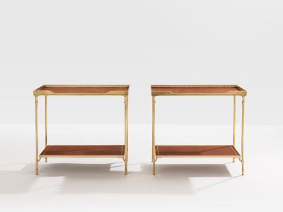 Maison Jansen Maison Jansen pair of two tier side tables brass brown leather 1960s