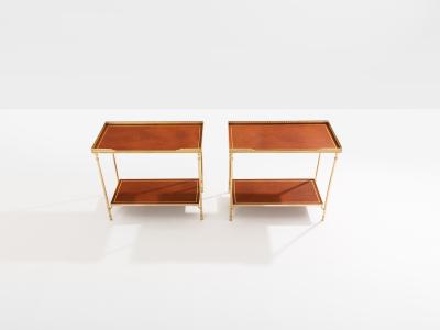 Maison Jansen Maison Jansen pair of two tier side tables brass brown leather 1960s
