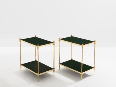 Maison Jansen Maison Jansen pair of two tier side tables brass green lacquer 1970s