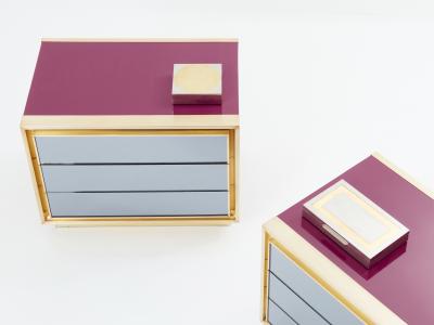 Maison Jansen Maison Jansen raspberry lacquer brass mirrored nightstands 1970s