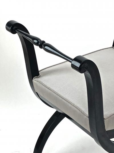 Maison Jansen Maison Jansen refined harp shaped pair of black lacquered stools