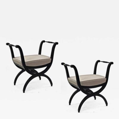 Maison Jansen Maison Jansen refined harp shaped pair of black lacquered stools