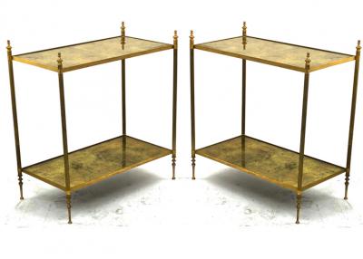 Maison Jansen Maison Jansen refined pair of 2 tier coffee table with gold leaf glass shelves