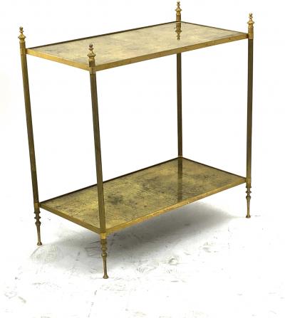 Maison Jansen Maison Jansen refined pair of 2 tier coffee table with gold leaf glass shelves