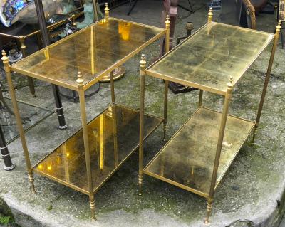 Maison Jansen Maison Jansen refined pair of 2 tier side table with gold leaf glasses